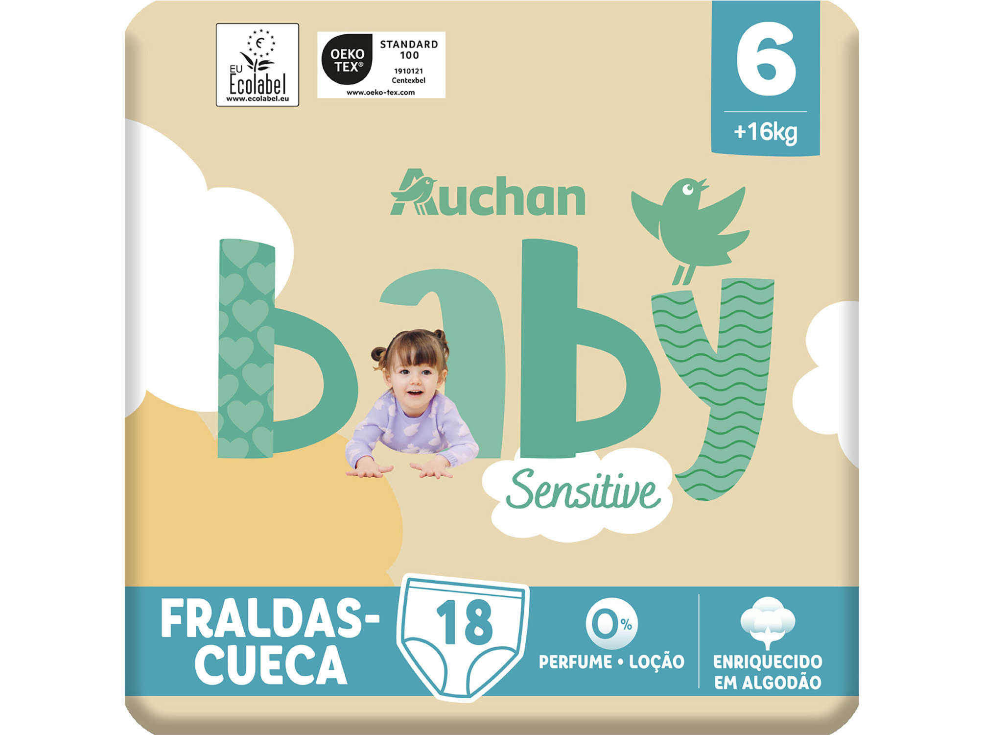 Fraldas Cueca Auchan Baby Sensitive Ecológicas Tamanho 6 +16kg 18un